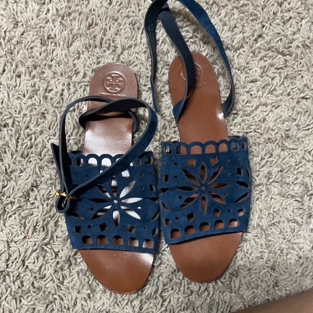 Navy suede cutout sandals